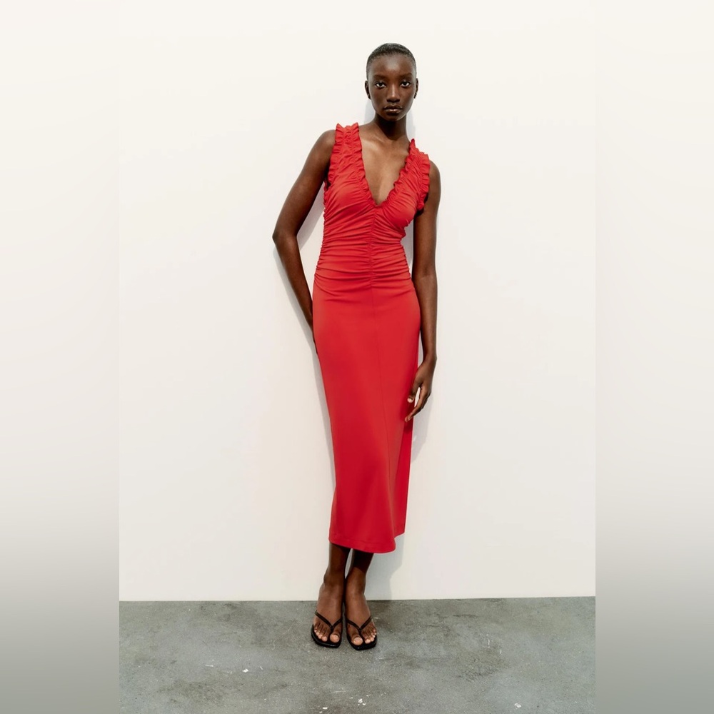 NWT Zara Ruffled V-Neck Ruffled Ruched Midi Dress Candy Red